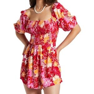 NEW Roxy Barefoot Bade Smocked Romper Large Red Pink Orange Hibiscus Floral
